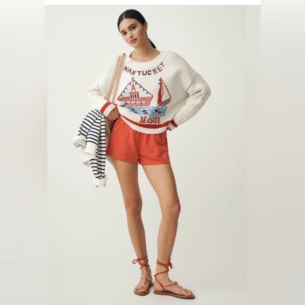 Anthropologie Maeve Nantucket Graphic Cable Knit Sweater - Cream & Red Sz L NWT - Picture 2 of 9